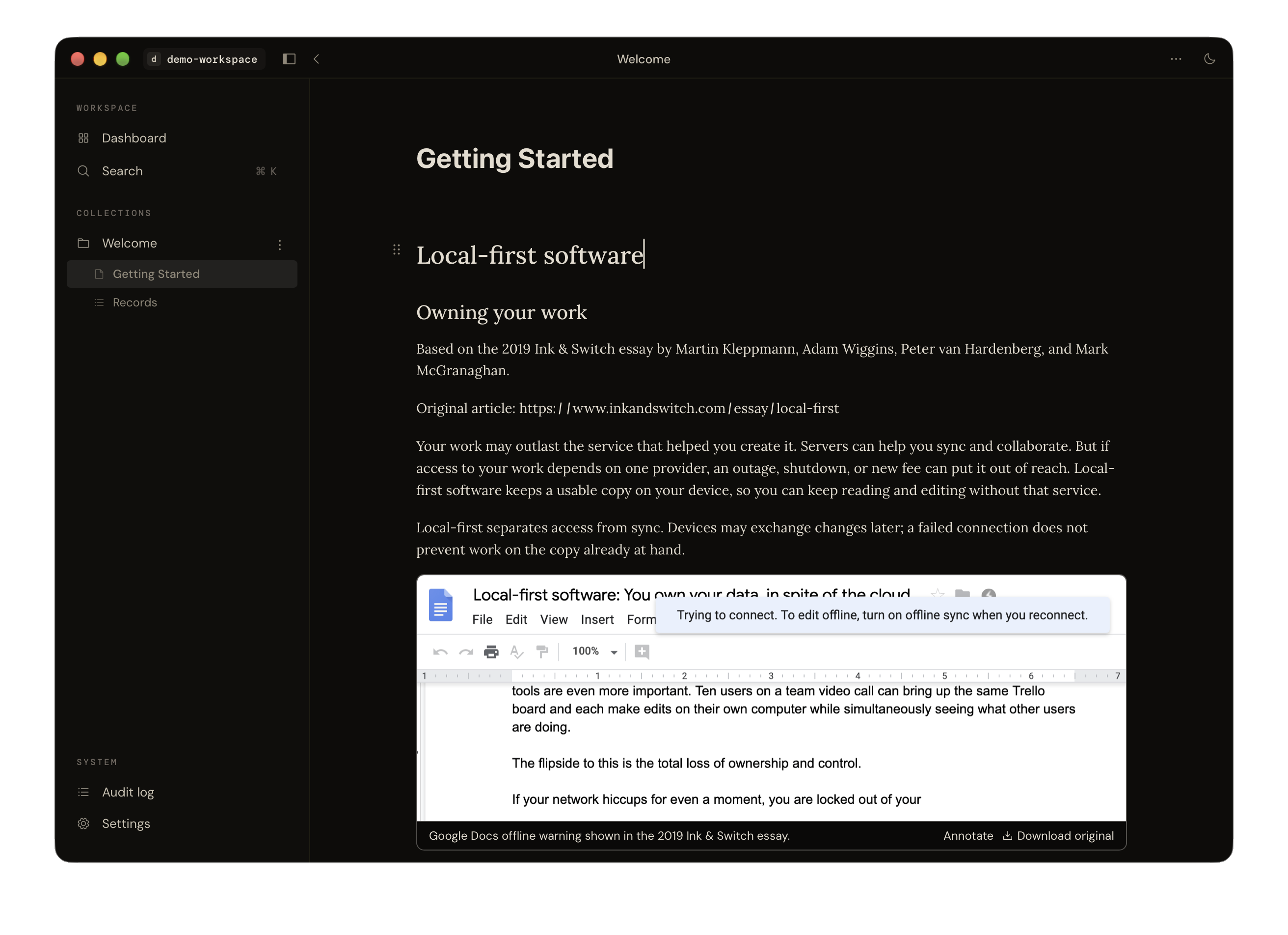 The same Getting Started file in dark mode
